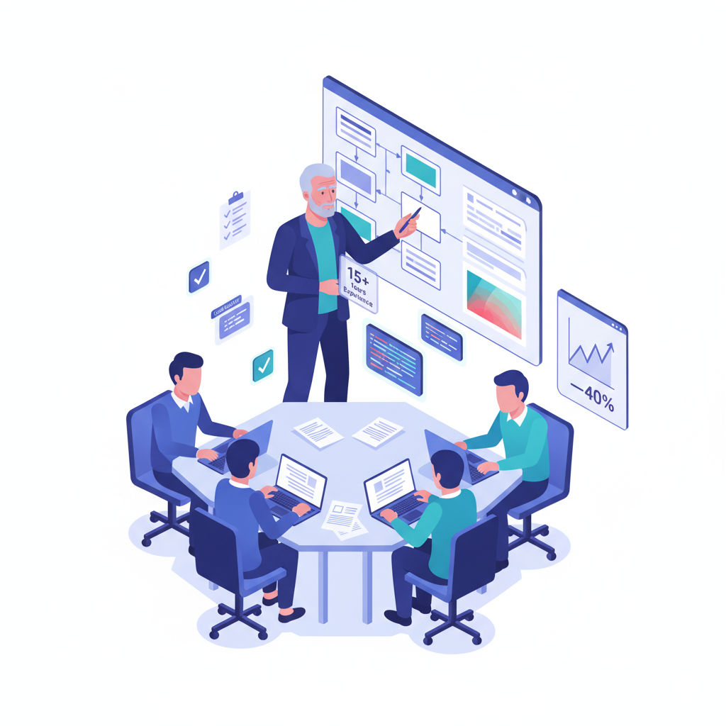 Advisor reviewing architecture and roadmap with engineering team